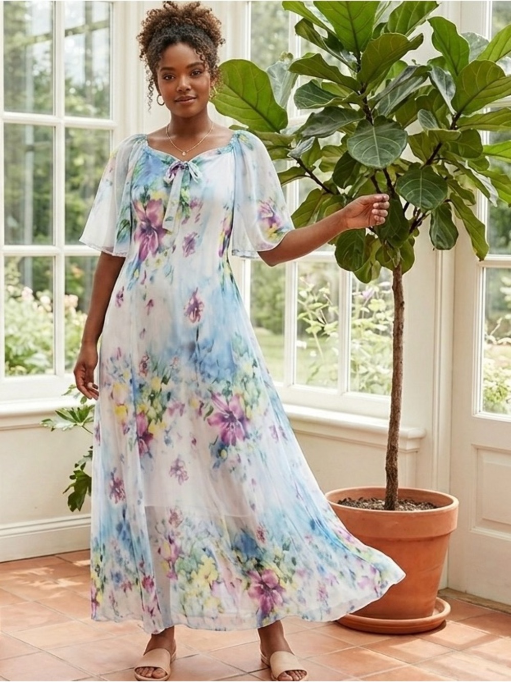 Chiffon Medeshe Watercolor Floral Sheer MAXI Dress with Liner and Belt
